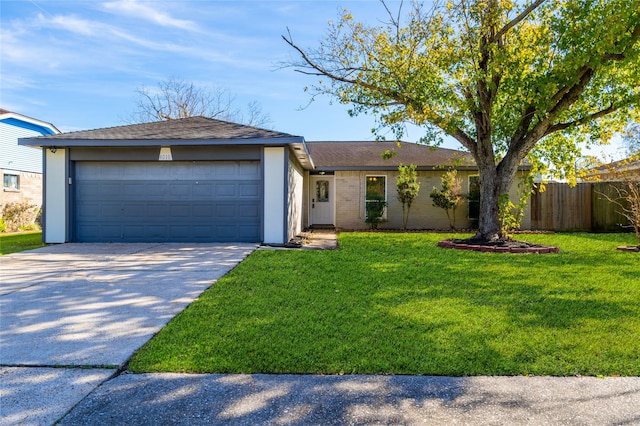 ranch-style house with driveway, an attached garage, a front lawn, and fence