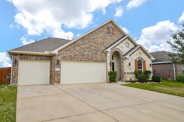 view of front of home featuring roof with shingles, an attached garage, concrete driveway, stone siding, and brick siding