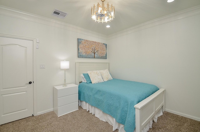 carpeted bedroom with visible vents, baseboards, a chandelier, and crown molding