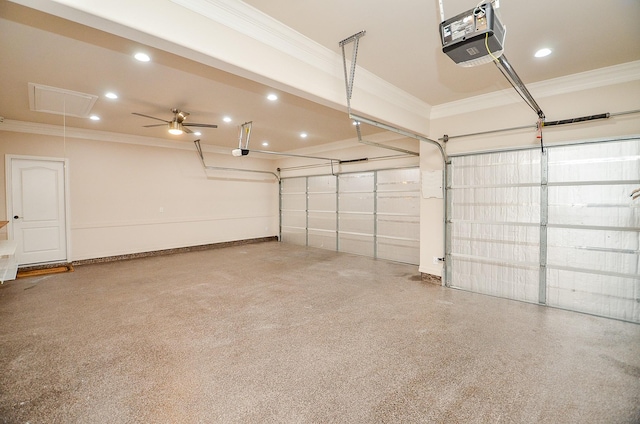 garage with recessed lighting, a garage door opener, and a ceiling fan