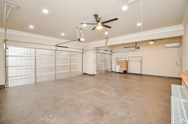 garage with a ceiling fan, recessed lighting, a garage door opener, and a wall mounted air conditioner