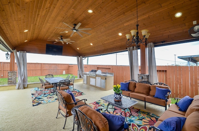 view of patio / terrace featuring a ceiling fan, a fenced backyard, a grill, outdoor lounge area, and outdoor dining area