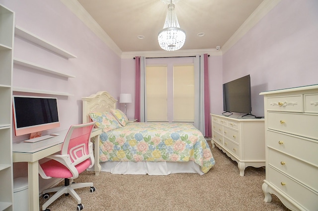 carpeted bedroom with a chandelier and ornamental molding