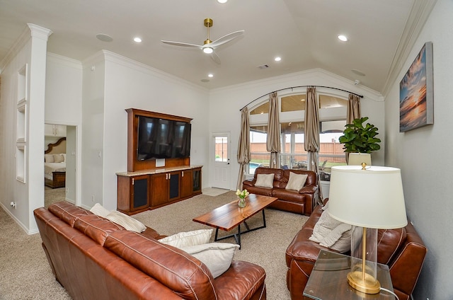 living room with a ceiling fan, baseboards, recessed lighting, ornamental molding, and light colored carpet