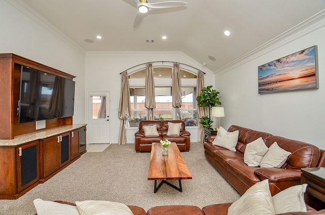 living room with crown molding, light colored carpet, visible vents, and lofted ceiling