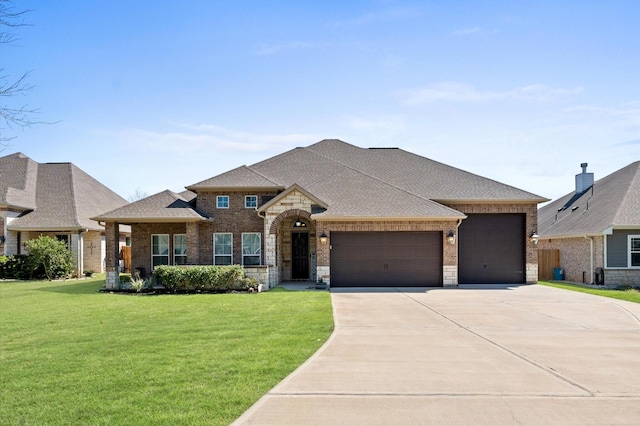 view of front of home with a front lawn, an attached garage, brick siding, and a shingled roof