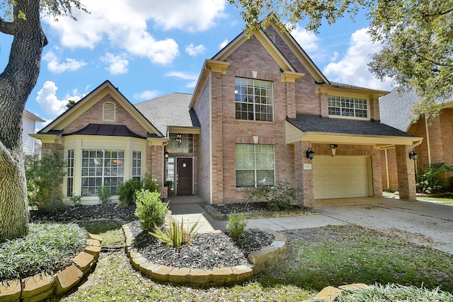 traditional-style home featuring brick siding, concrete driveway, a garage, and a shingled roof