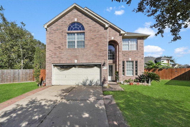 traditional-style home with a front yard, fence, and brick siding