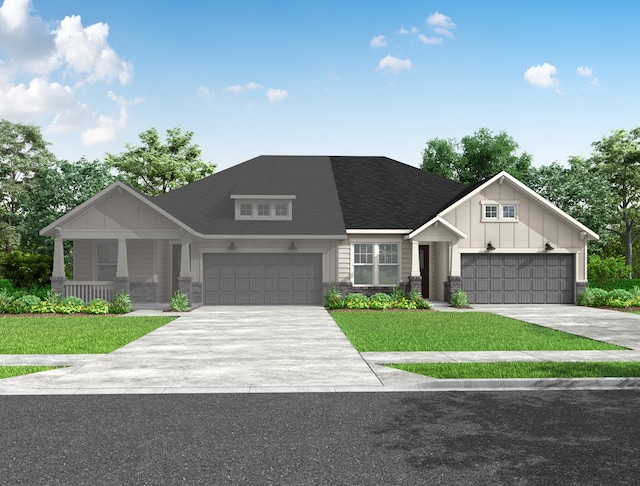 view of front of house with an attached garage, board and batten siding, concrete driveway, and a front lawn