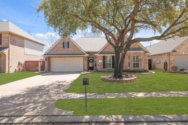 view of front of property with a garage, a front yard, brick siding, and driveway