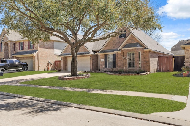 view of front of property featuring brick siding, concrete driveway, and a front yard