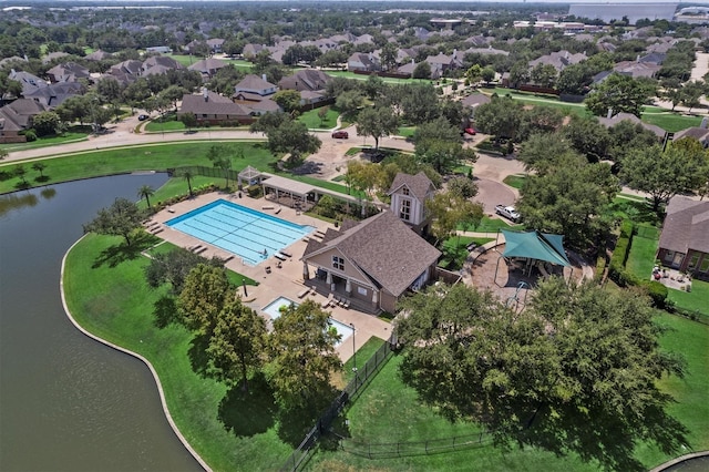 aerial view with a water view and a residential view