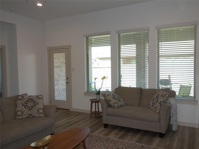 living area with recessed lighting, baseboards, and wood finished floors