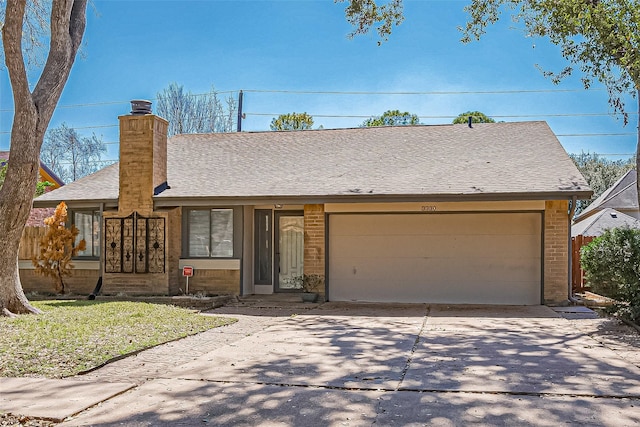 view of front of home featuring driveway, a shingled roof, a chimney, a garage, and brick siding