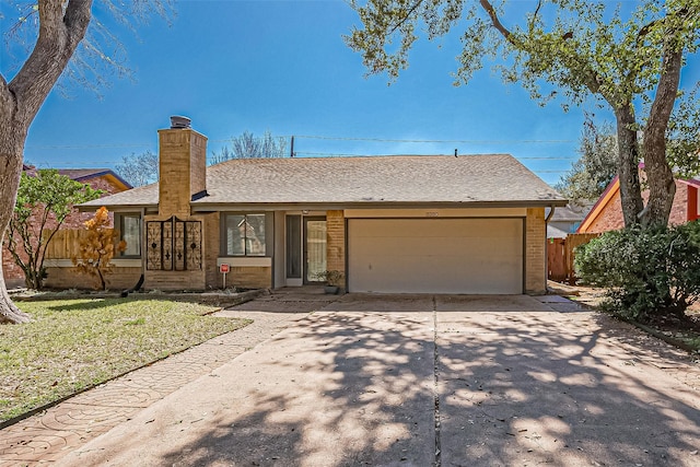 ranch-style house featuring driveway, fence, roof with shingles, a garage, and a chimney