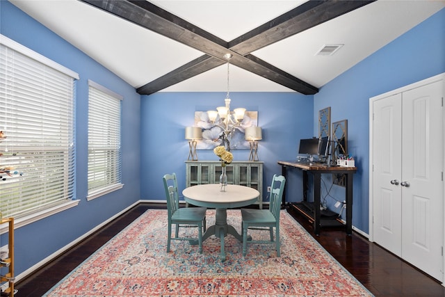 dining area with visible vents, baseboards, a notable chandelier, and beam ceiling