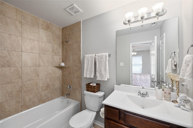 full bath with vanity, toilet, tub / shower combination, and visible vents