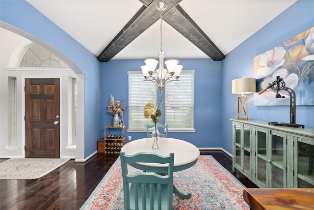 dining area featuring vaulted ceiling with beams, baseboards, an inviting chandelier, wood finished floors, and arched walkways