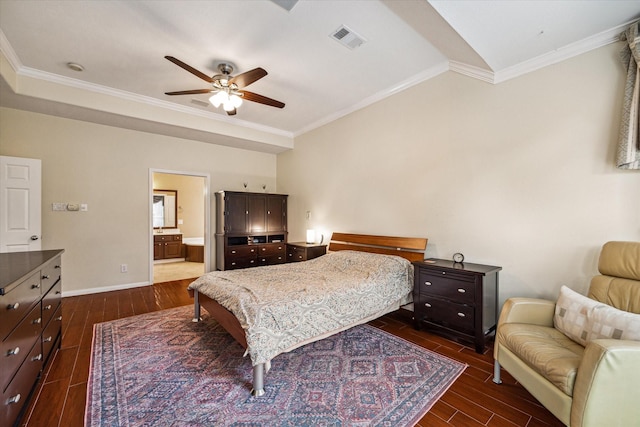 bedroom featuring visible vents, ornamental molding, baseboards, and dark wood-style flooring