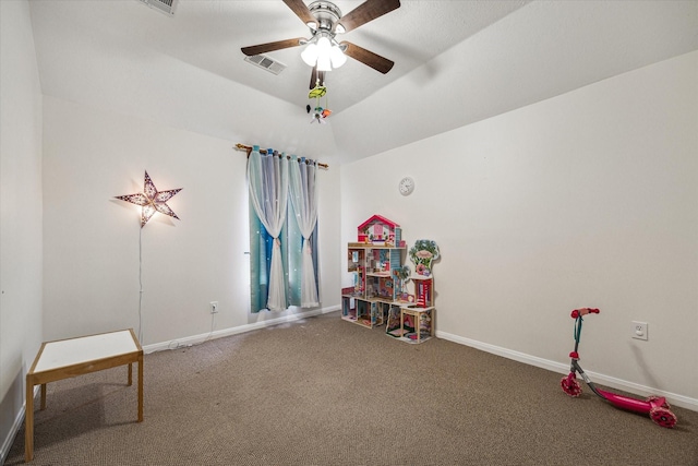 game room featuring visible vents, baseboards, a ceiling fan, and carpet flooring