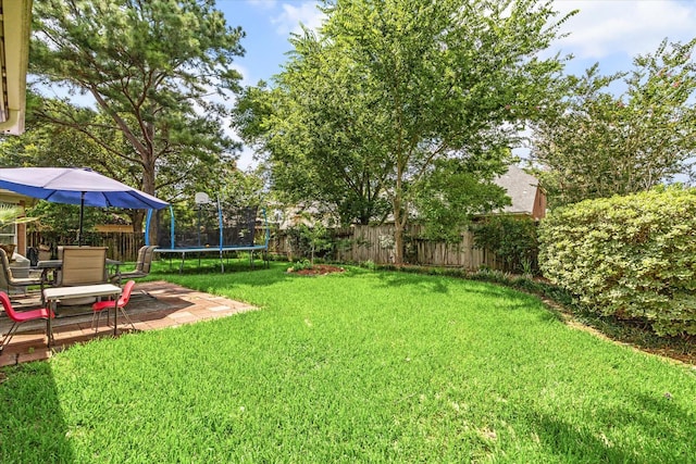 view of yard with a fenced backyard, a patio, and a trampoline