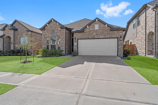 french country inspired facade featuring a front lawn, a garage, brick siding, and concrete driveway