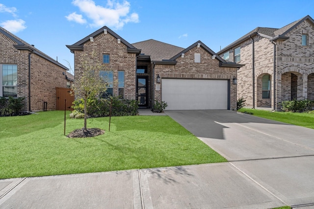 view of front facade featuring brick siding, a front yard, roof with shingles, a garage, and driveway