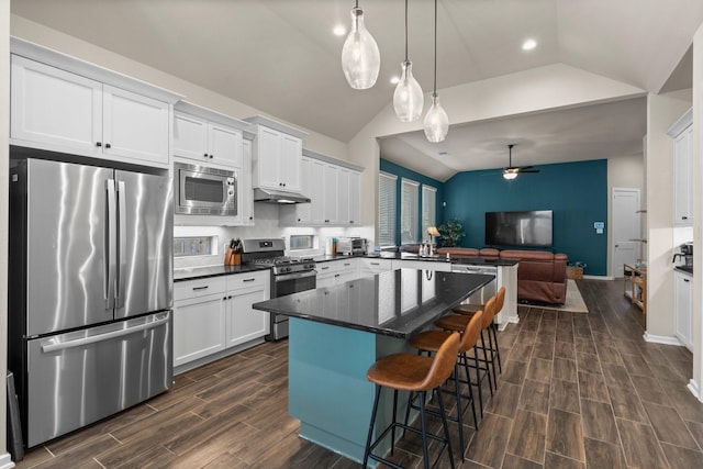 kitchen featuring wood finish floors, stainless steel appliances, lofted ceiling, and open floor plan