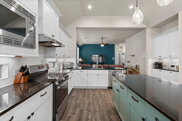 kitchen featuring wood finish floors, lofted ceiling, white cabinets, under cabinet range hood, and appliances with stainless steel finishes