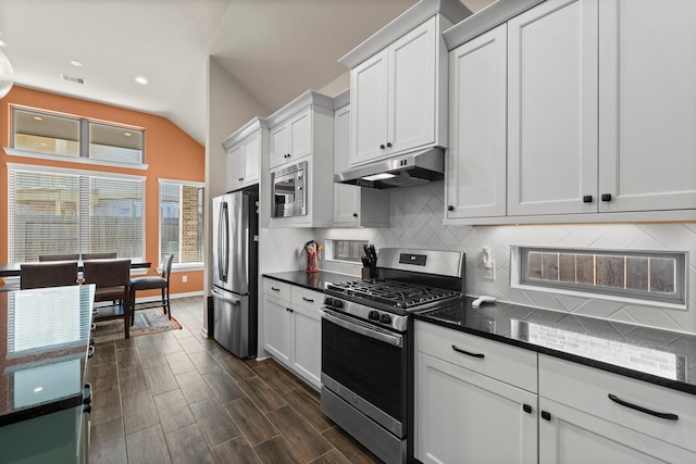 kitchen with backsplash, wood tiled floor, under cabinet range hood, dark stone counters, and stainless steel appliances