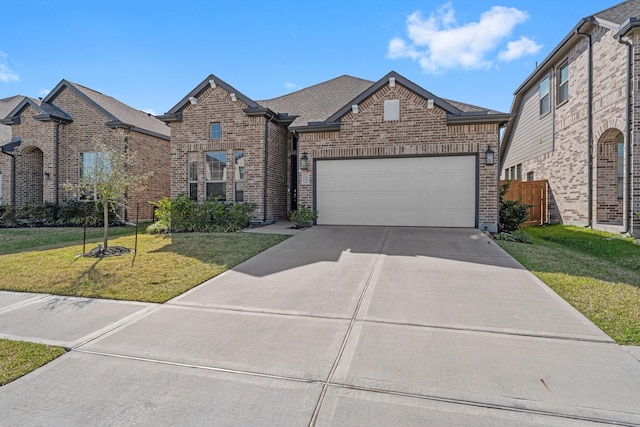 french country home featuring brick siding, a front lawn, concrete driveway, and a garage