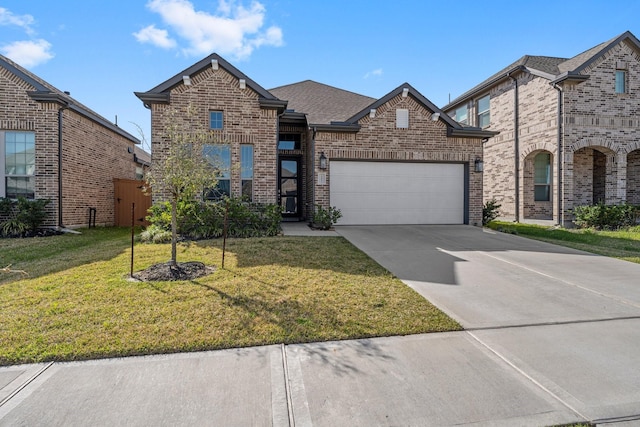 view of front of home with driveway, a shingled roof, a front lawn, a garage, and brick siding