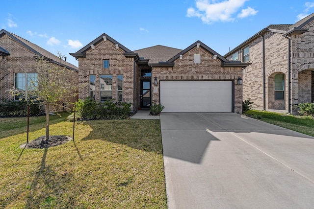 view of front of house featuring brick siding, a shingled roof, a front lawn, concrete driveway, and an attached garage