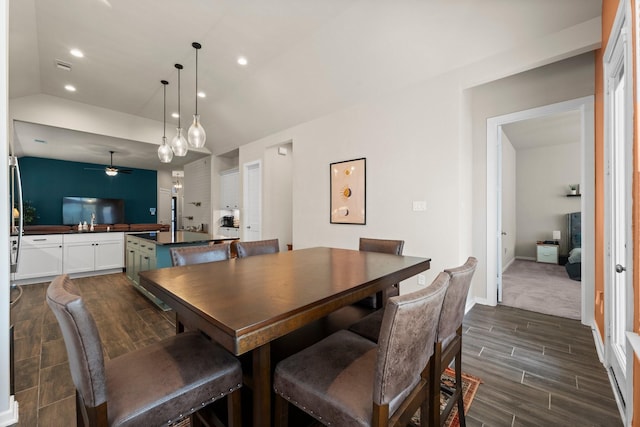 dining space with recessed lighting, baseboards, wood finish floors, and ceiling fan