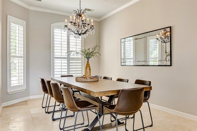 18752 Palm Beach Blvd, Montgomery, TX 77356 - dining space with a chandelier, plenty of natural light, baseboards, and ornamental molding