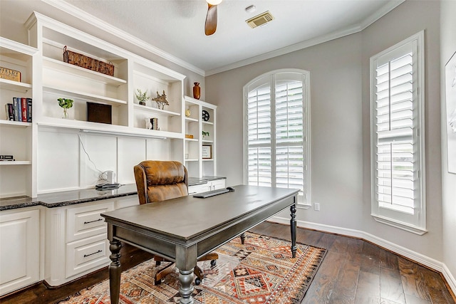 18752 Palm Beach Blvd, Montgomery, TX 77356 - home office with ceiling fan, ornamental molding, dark wood-type flooring, and baseboards