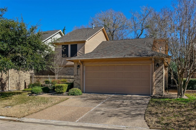 view of front of property with brick siding, driveway, an attached garage, and roof with shingles