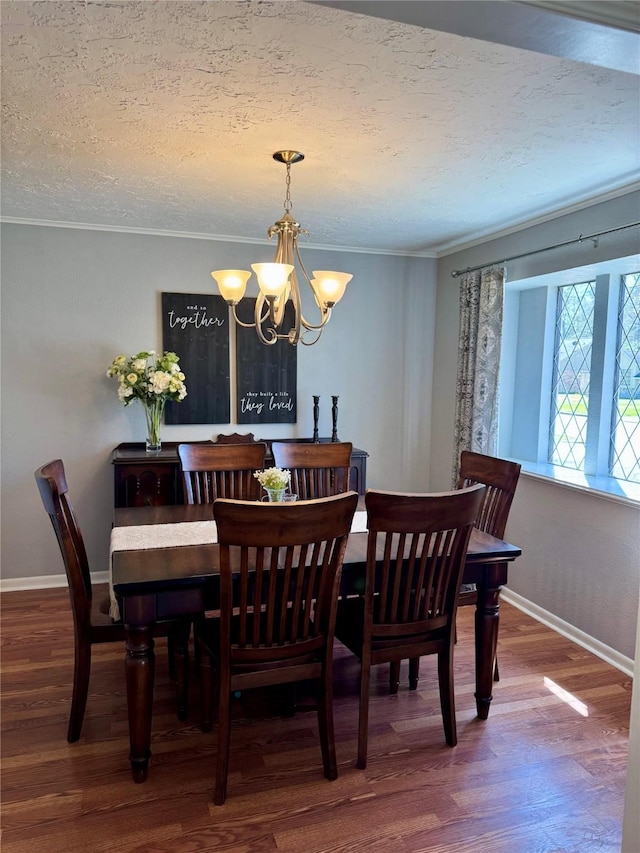 dining room with crown molding, wood finished floors, baseboards, and a textured ceiling