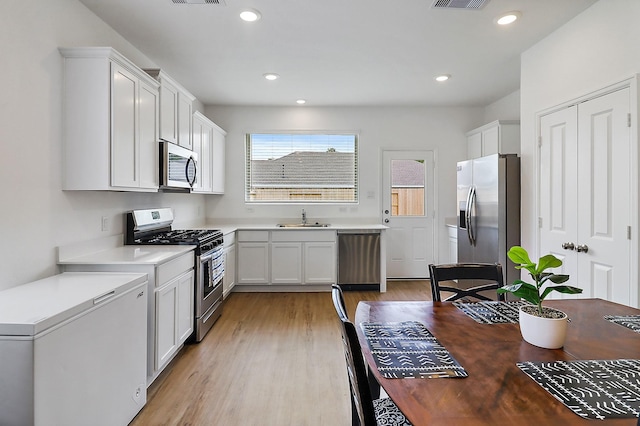 kitchen featuring visible vents, light wood-type flooring, a sink, white cabinetry, and appliances with stainless steel finishes