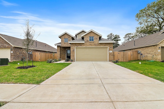 view of front of property featuring brick siding, a front lawn, fence, central AC, and driveway