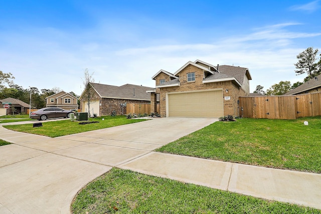 traditional-style home with brick siding, a garage, driveway, and a front lawn