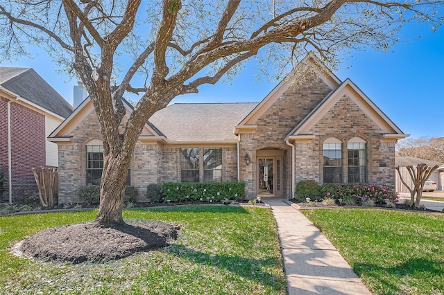 view of front of property with a front yard, brick siding, and a shingled roof