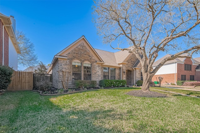 view of front of property featuring brick siding, a shingled roof, a front yard, and fence