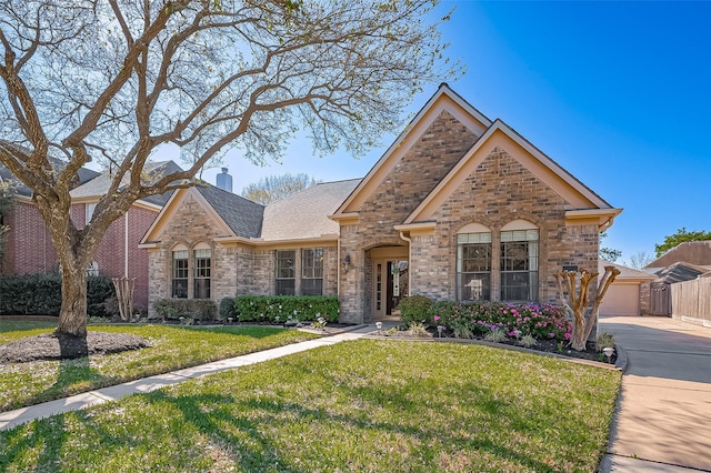 traditional home with brick siding, a chimney, a front yard, and roof with shingles