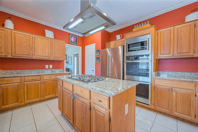 kitchen with light tile patterned floors, stainless steel appliances, light stone countertops, and exhaust hood