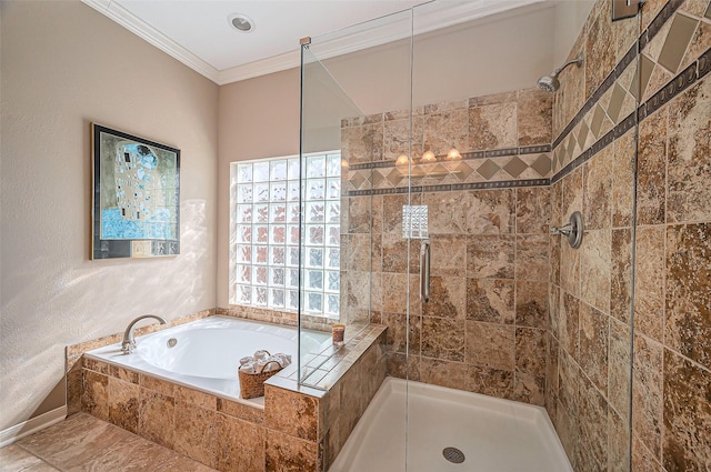 full bath featuring a textured wall, a stall shower, a garden tub, and ornamental molding