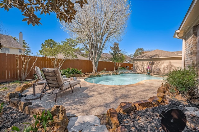 view of pool with a patio, a fenced backyard, and a fenced in pool