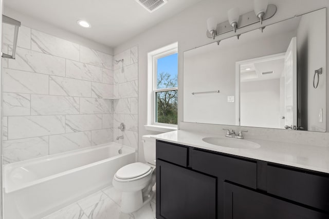 full bath featuring visible vents, toilet, marble finish floor, shower / bath combination, and vanity