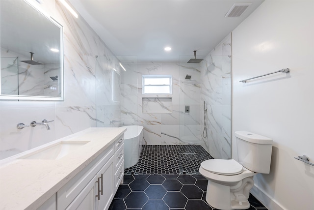 bathroom featuring a marble finish shower, visible vents, toilet, recessed lighting, and vanity