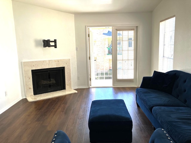 living room featuring a fireplace, baseboards, and wood finished floors